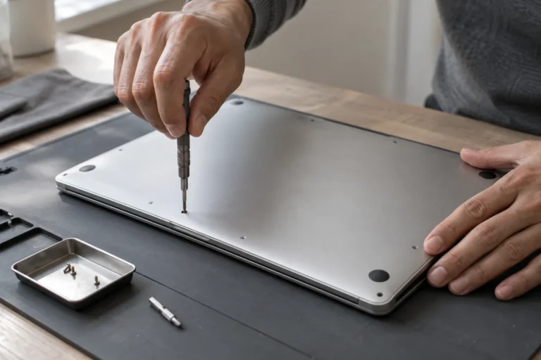 Technicus opent de onderkant van een laptop met een precisieschroevendraaier