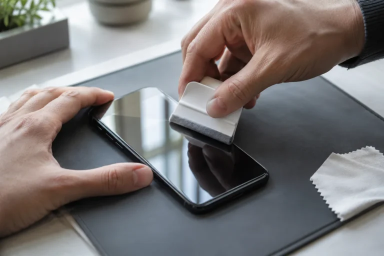 Screenprotector wordt gladgestreken op een smartphone