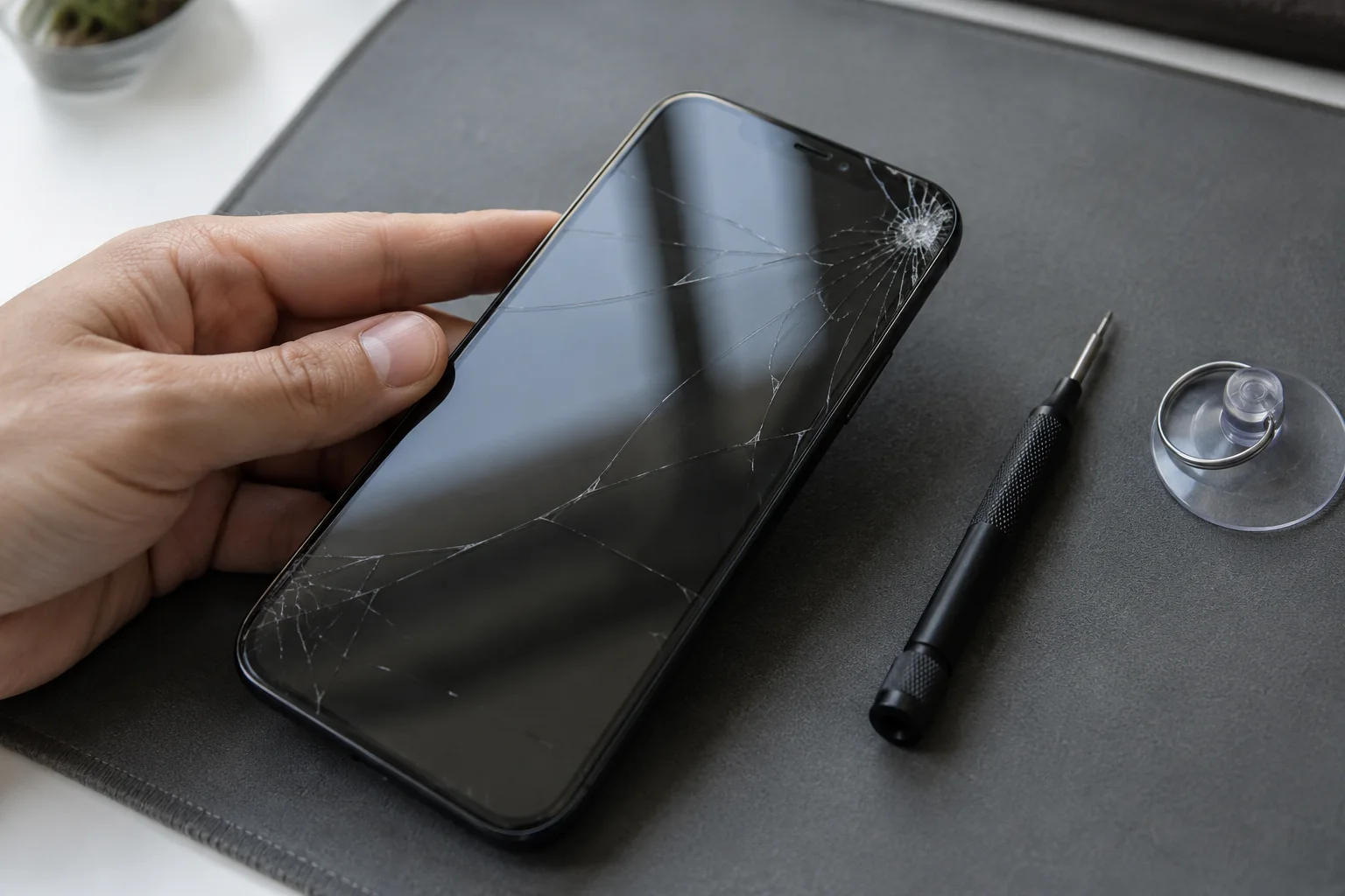 Phone repair: cracked smartphone screen on a repair mat